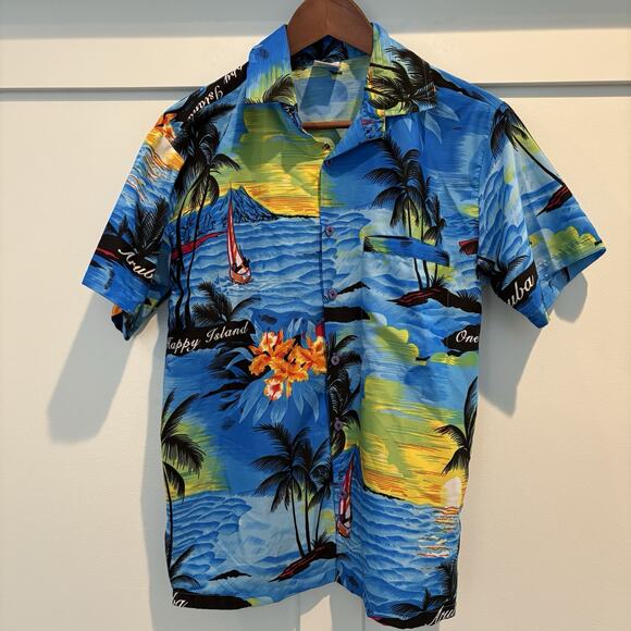 Rima Hawaiian Shirt Men Small Blue Aruba One Happy Island Beach Sunset Vacation - Picture 3 of 11